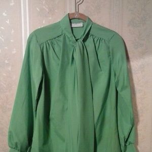 *LADY HOLIDAY SILKY SOLID GREEN BLOUSE with BOW